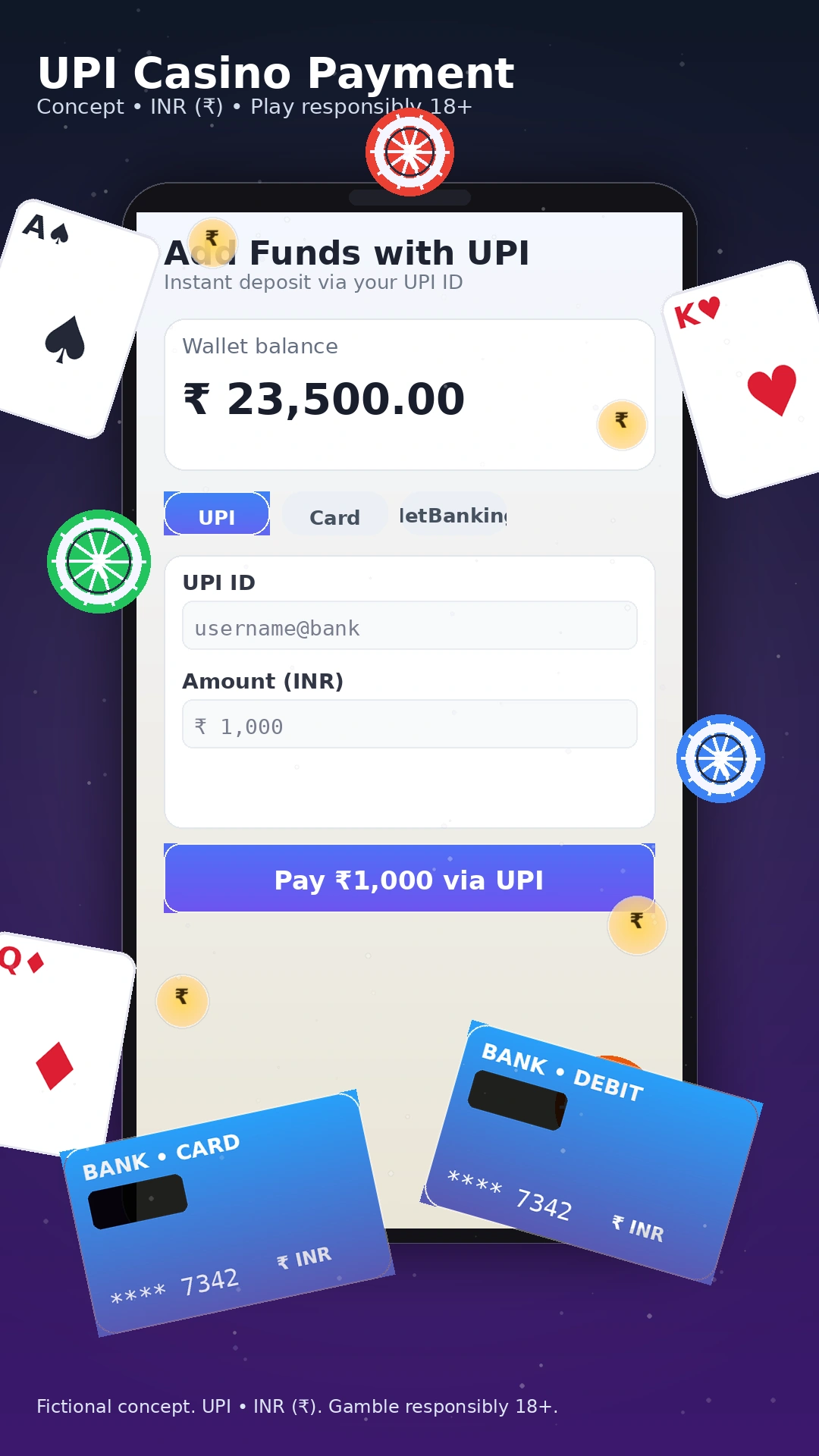 UPI casino payment concept with cards and chips